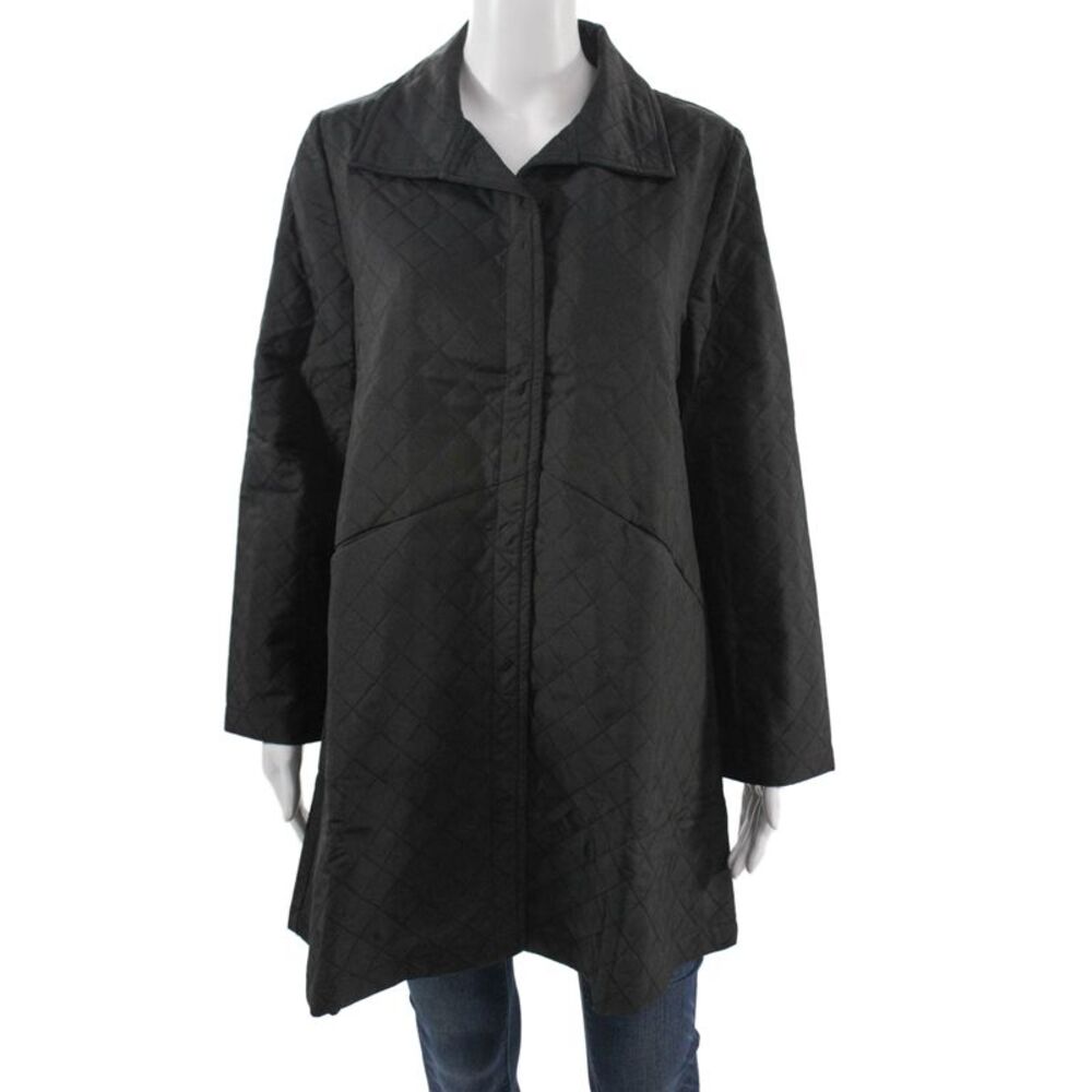 Shana Women Quilted Argyle Black Collared Snap Coat Size M